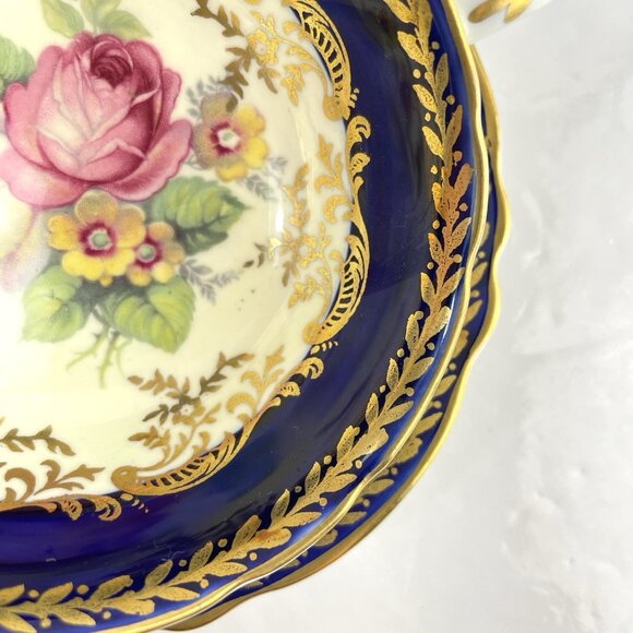 Paragon Teacup & Saucer Cobalt Navy Blue Gold Gilt Cabbage Rose Floral Bouquet - Picture 3 of 16